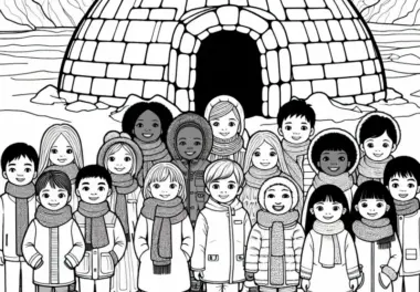 Kinder vor Iglu – Ausmalbild kostenlos