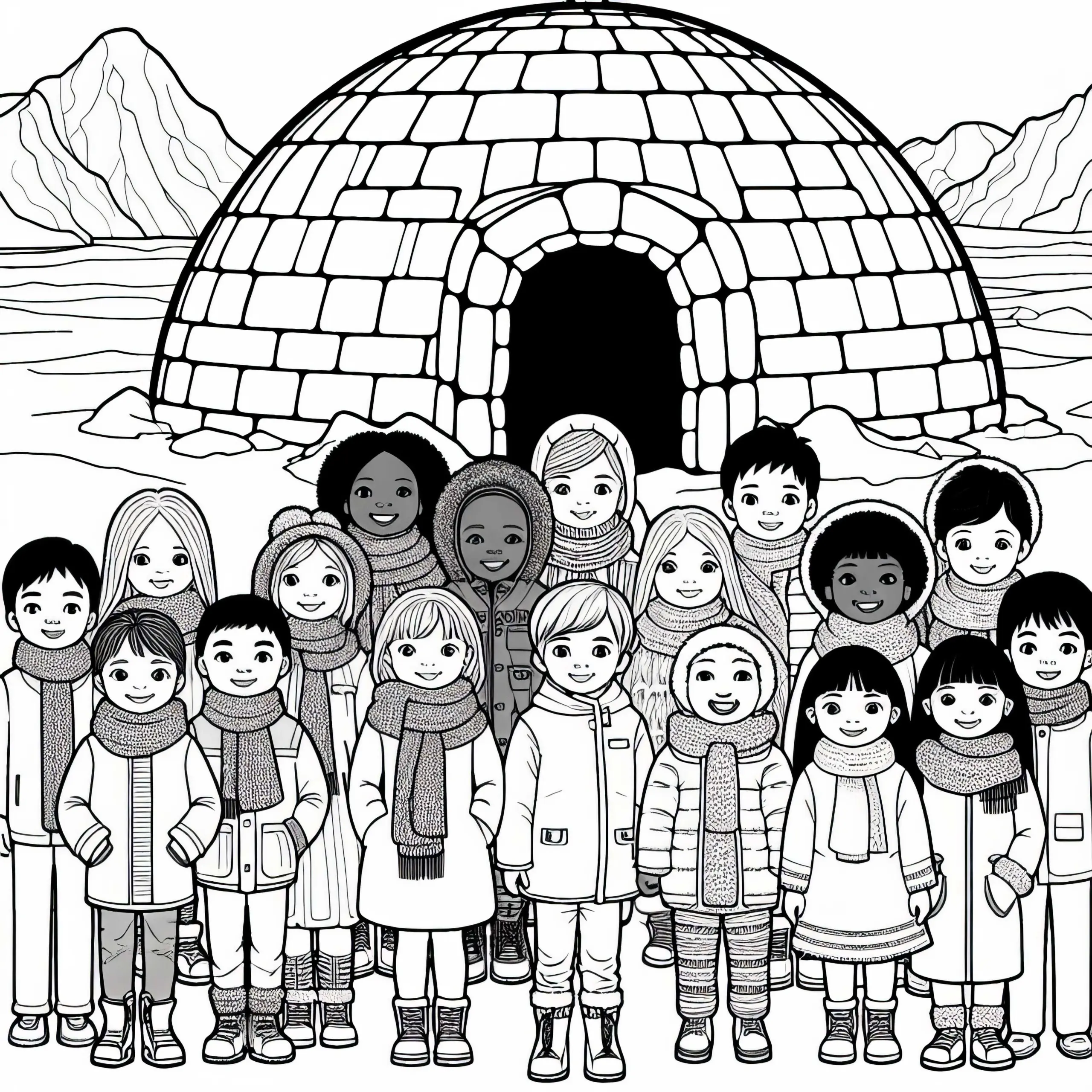 Kinder vor Iglu – Ausmalbild kostenlos