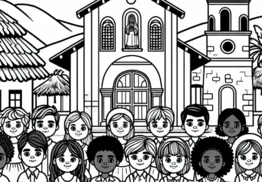 Kinder vor Kirche Ausmalbild Kostenlos