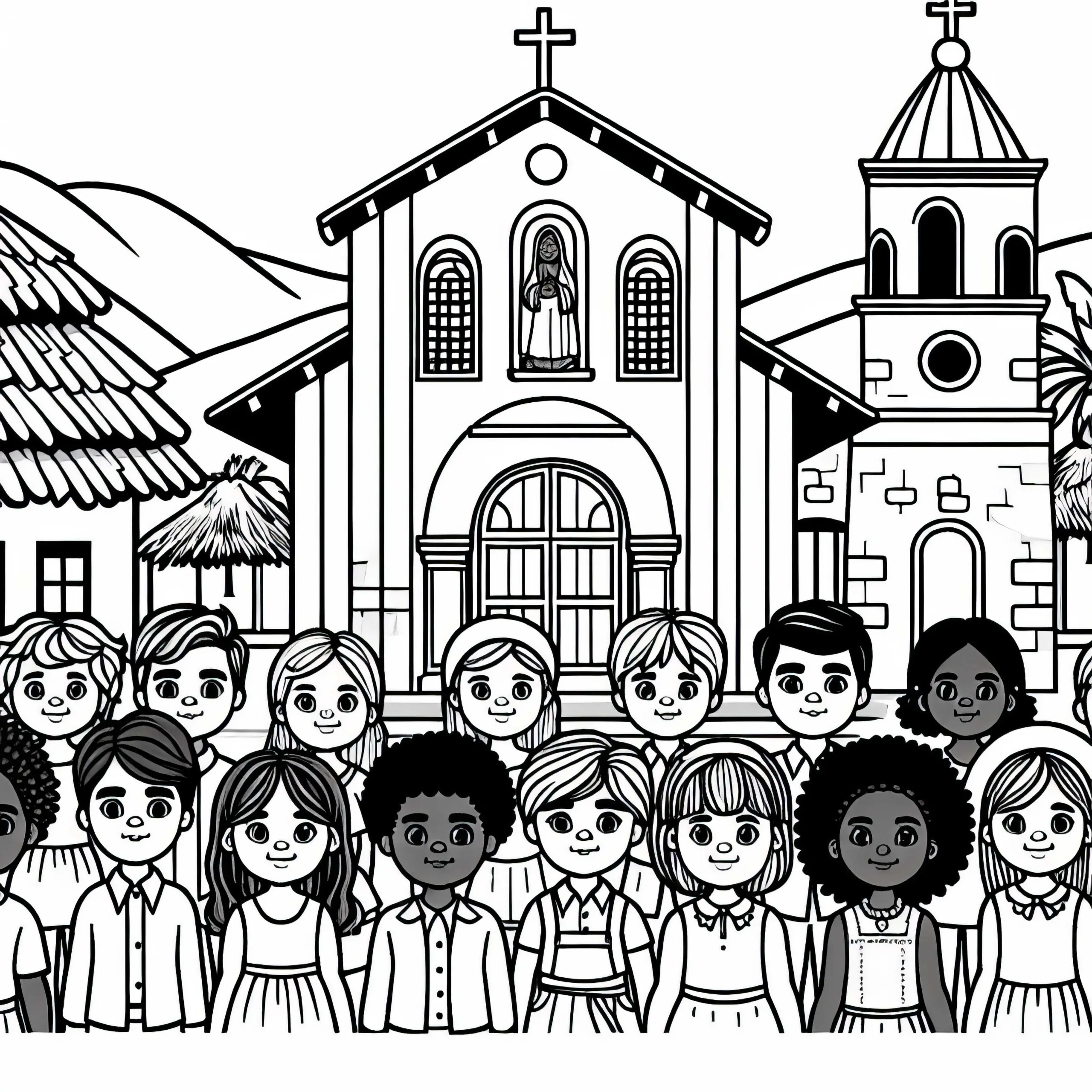 Kinder vor Kirche Ausmalbild Kostenlos