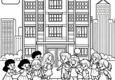 Kinder vor Mehrfamilienhaus Ausmalbild kostenlos