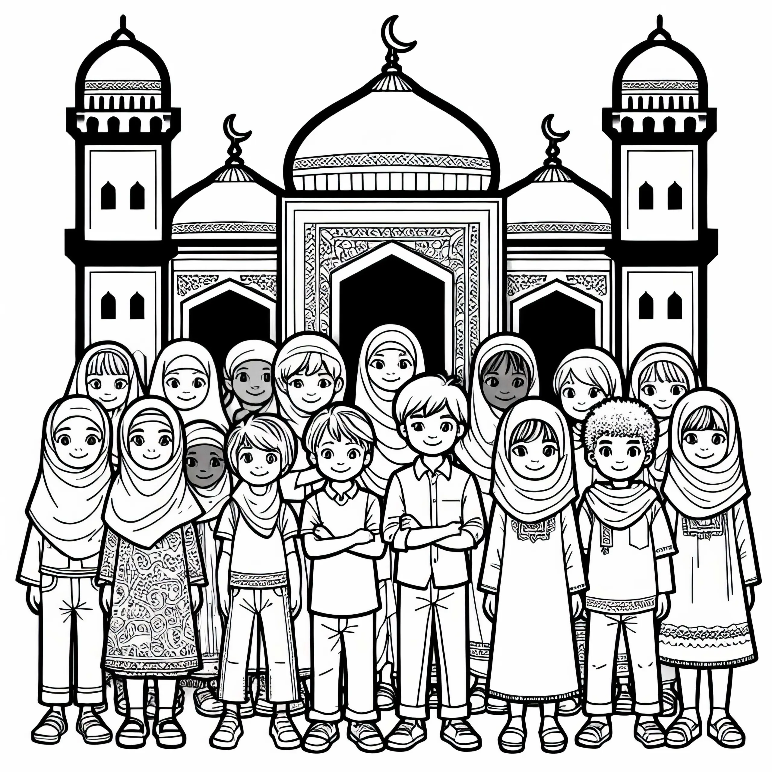 Kinder vor Moschee Malvorlage gratis (Ausmalbild)