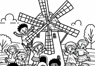 Kinder vor Mühle – Ausmalbild gratis herunterladen