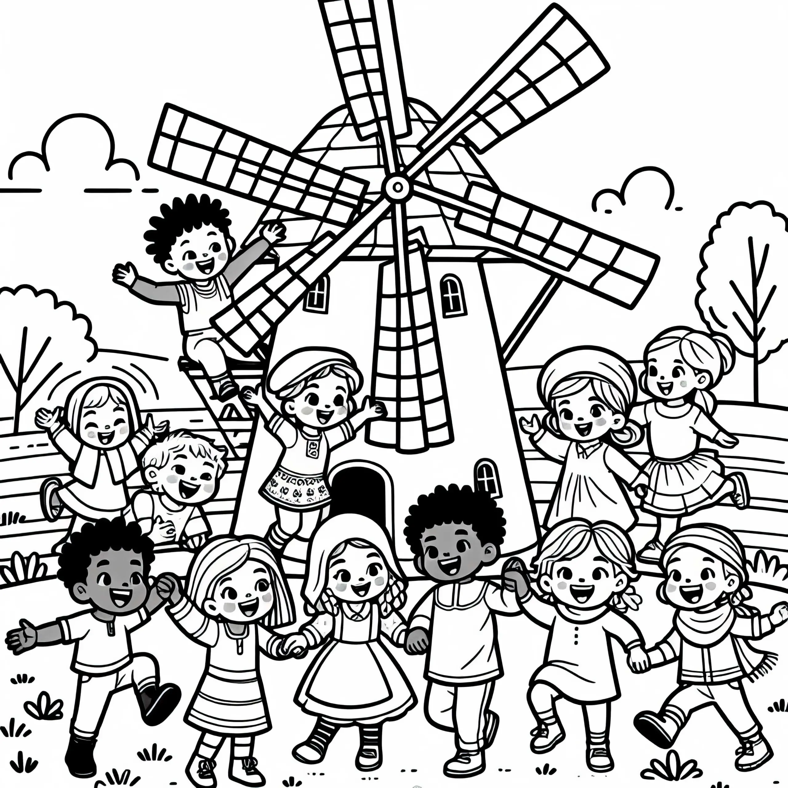Kinder vor Mühle – Ausmalbild gratis herunterladen