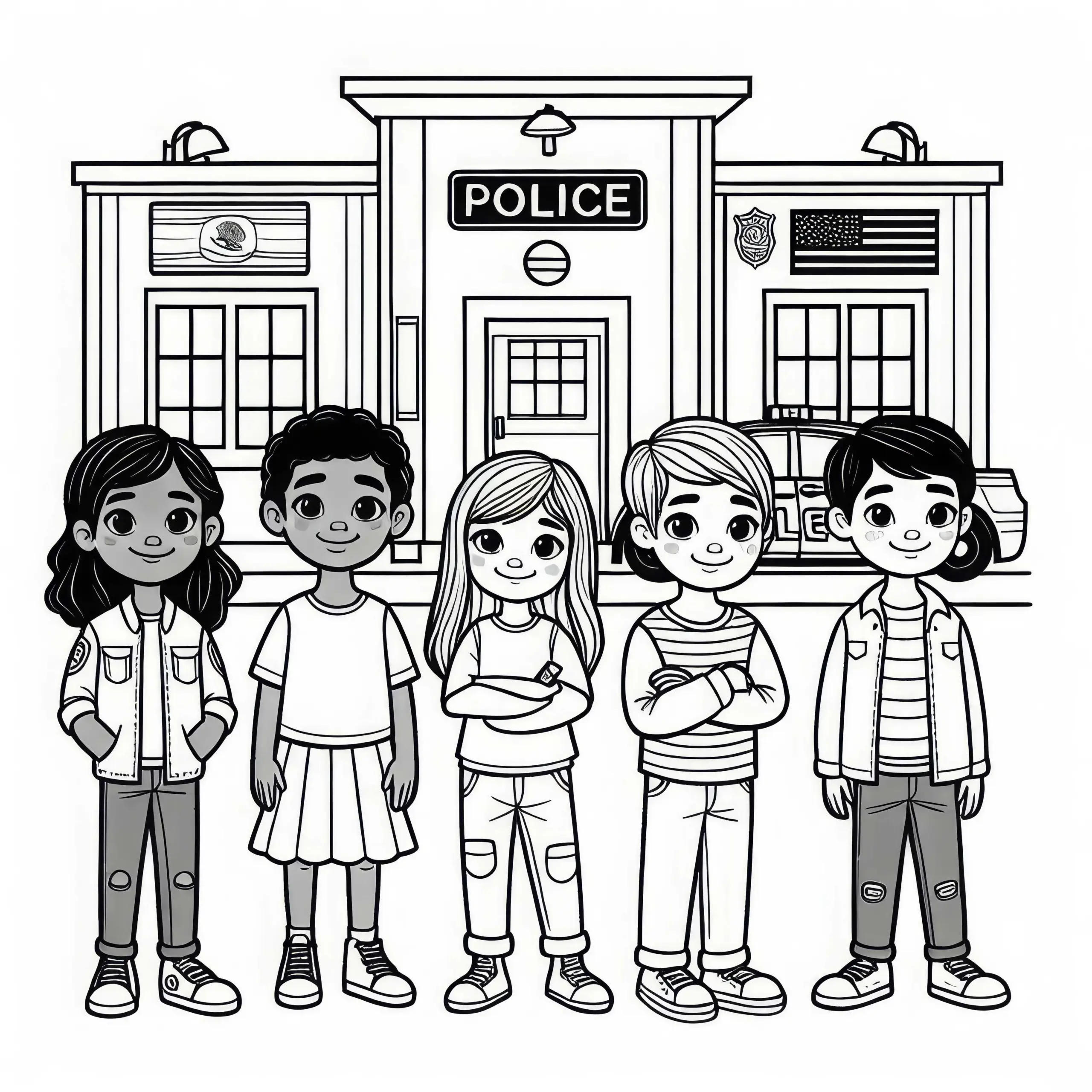 Kinder vor Polizeistation Malvorlage Kostenlos (Ausmalbild)