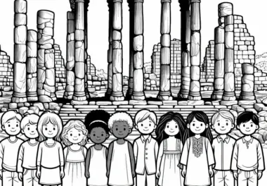 Kinder vor Ruine – Ausmalbild kostenlos herunterladen