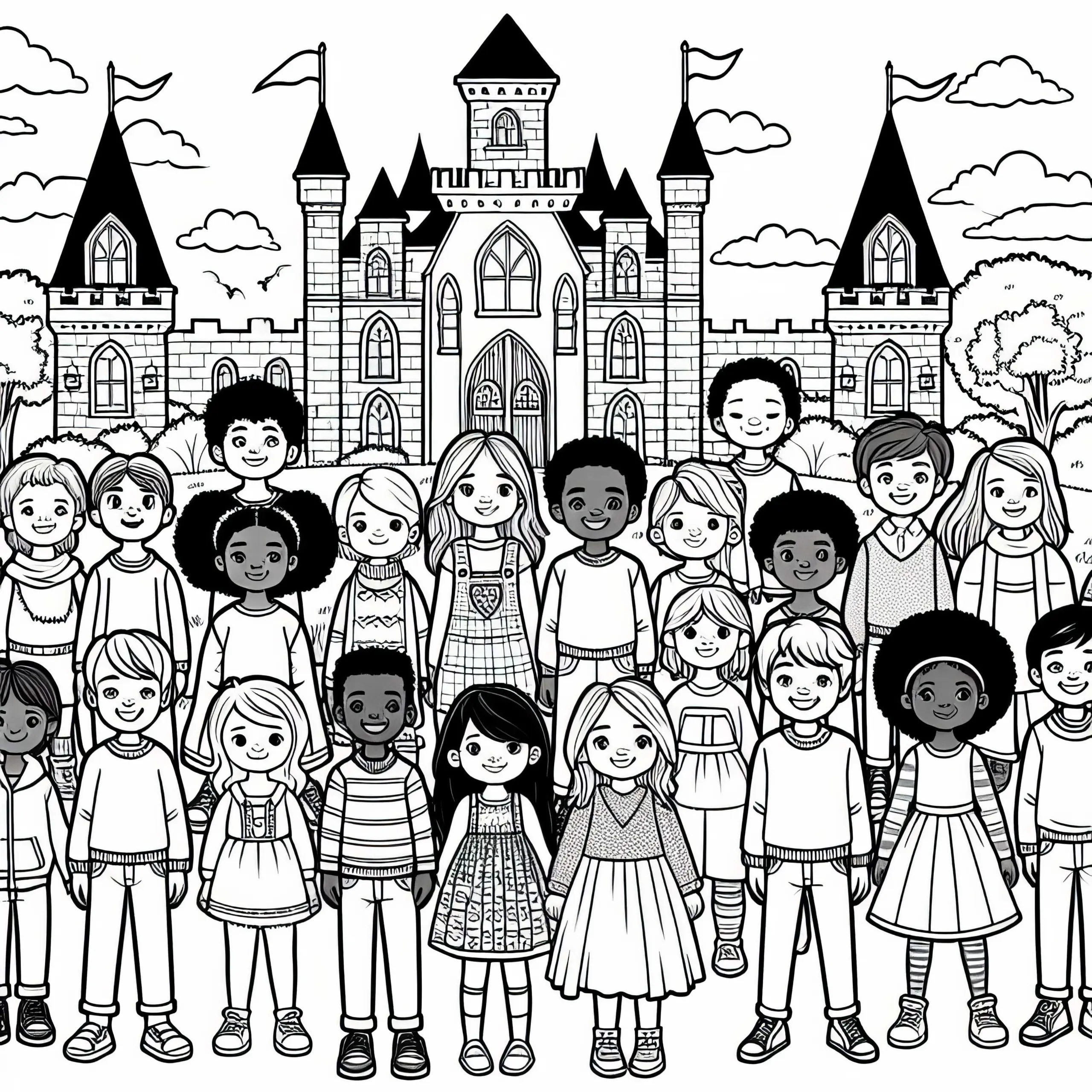 Kinder vor Schloss – Malvorlage kostenlos (Ausmalbild)