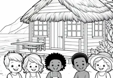 Kinder vor Strandhütte Malvorlage Gratis