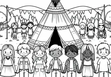 Kinder vor Tipi Ausmalbild kostenlos herunterladen