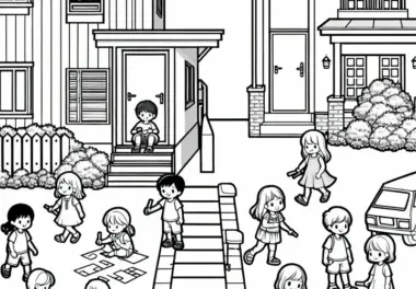 Kinder vor Wohnhaus Ausmalbild Kostenlos