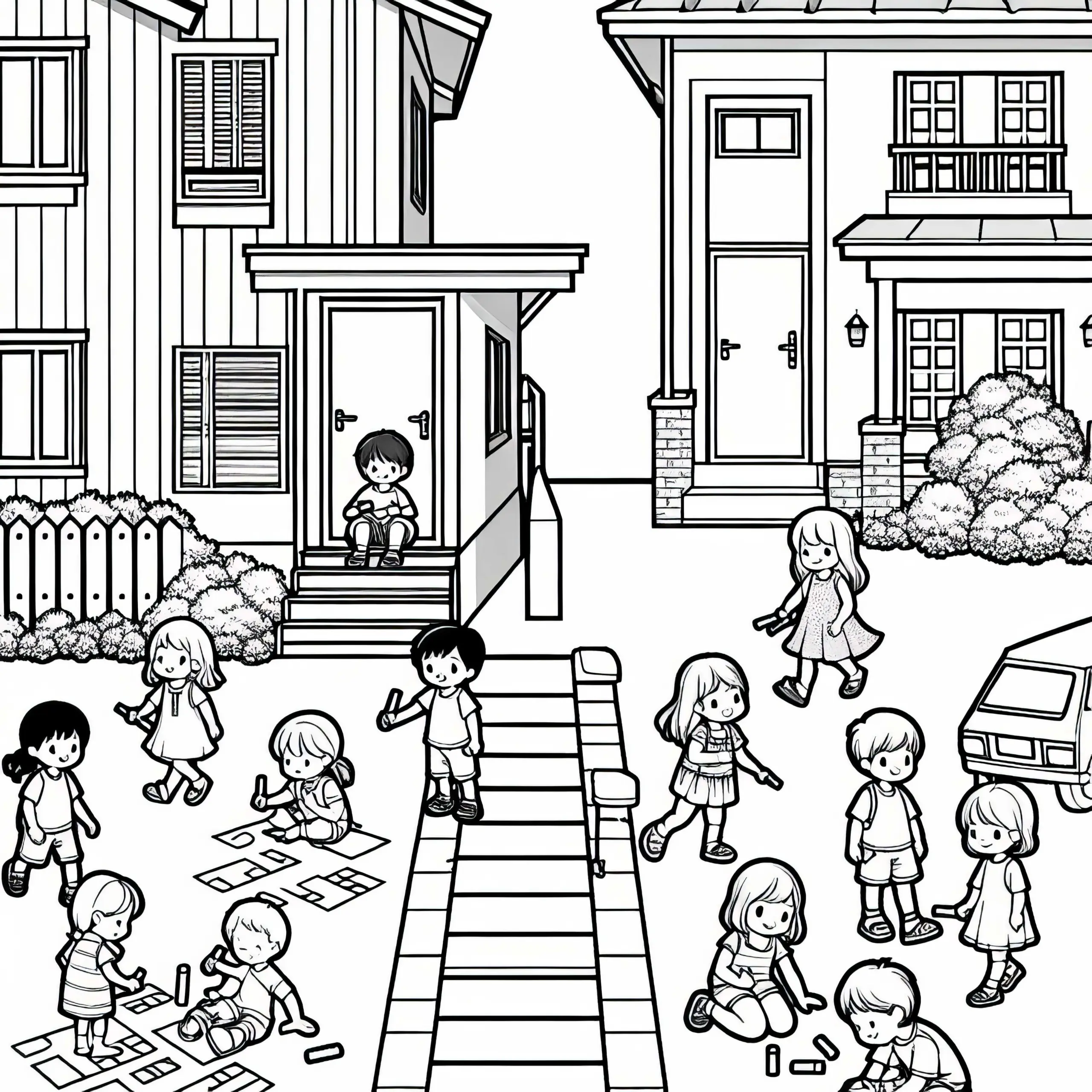 Kinder vor Wohnhaus Ausmalbild Kostenlos