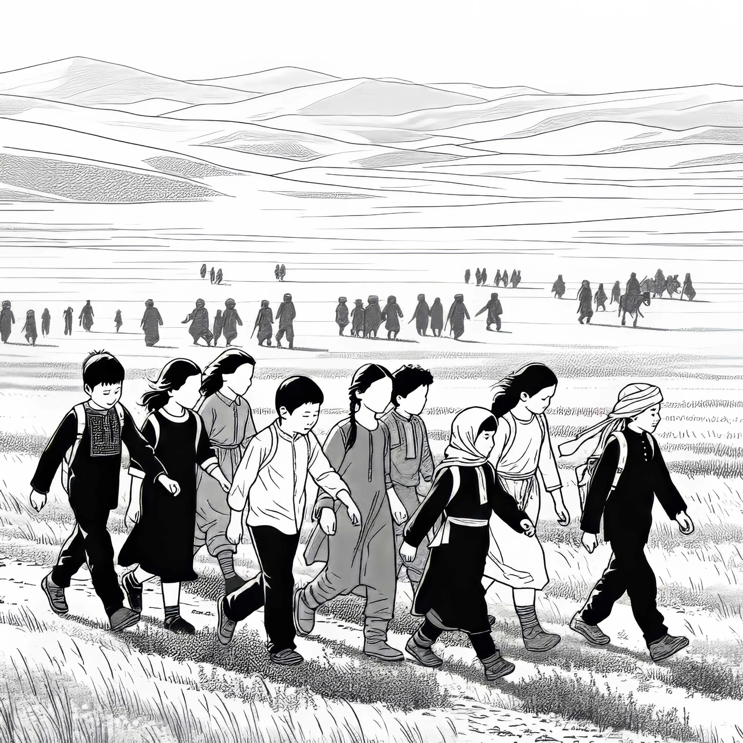 Kinder wandern durch die Steppe – Ausmalbild kostenlos
