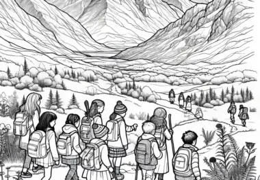 Kinder wandern durch das Hochland – Ausmalbild kostenlos
