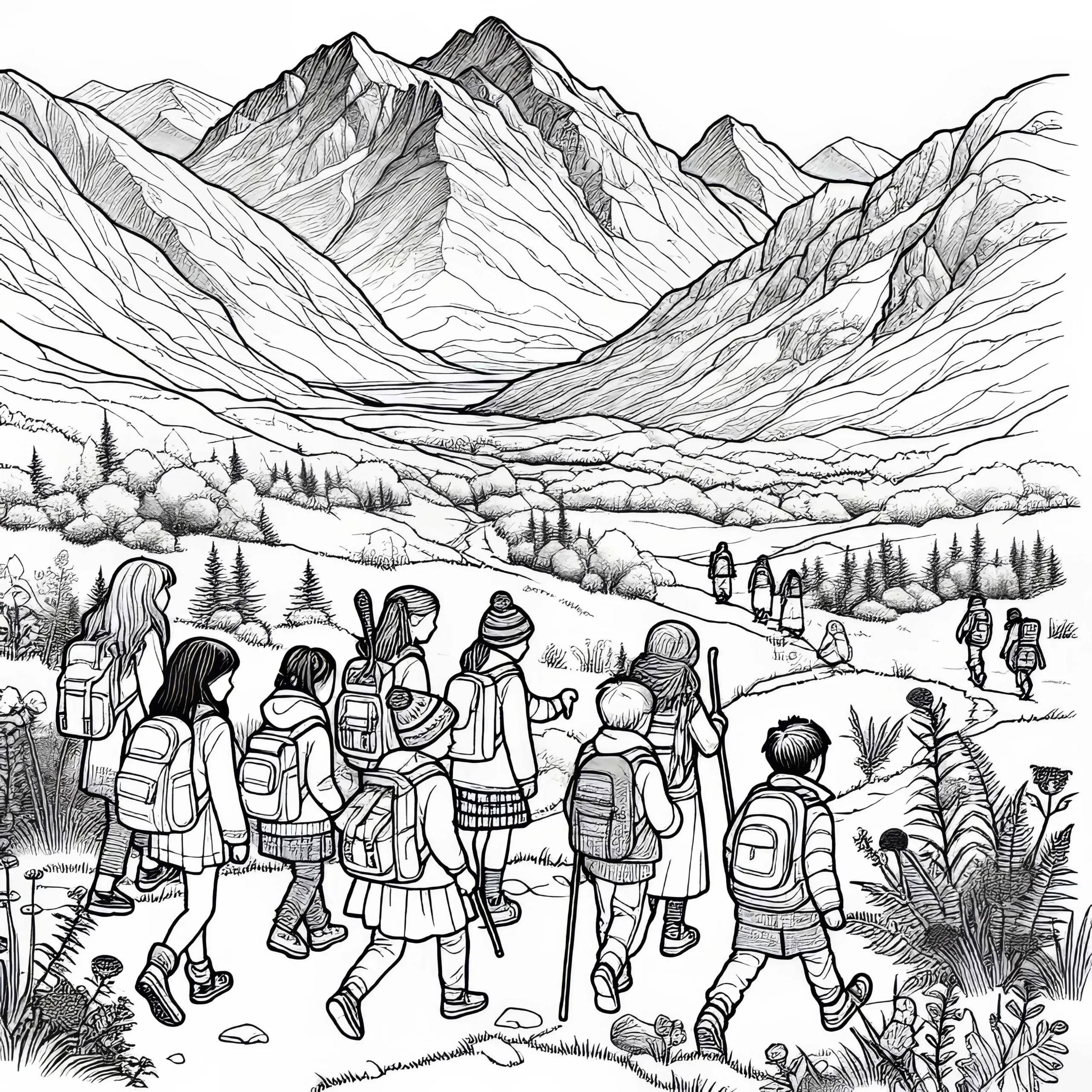 Kinder wandern durch das Hochland – Ausmalbild kostenlos