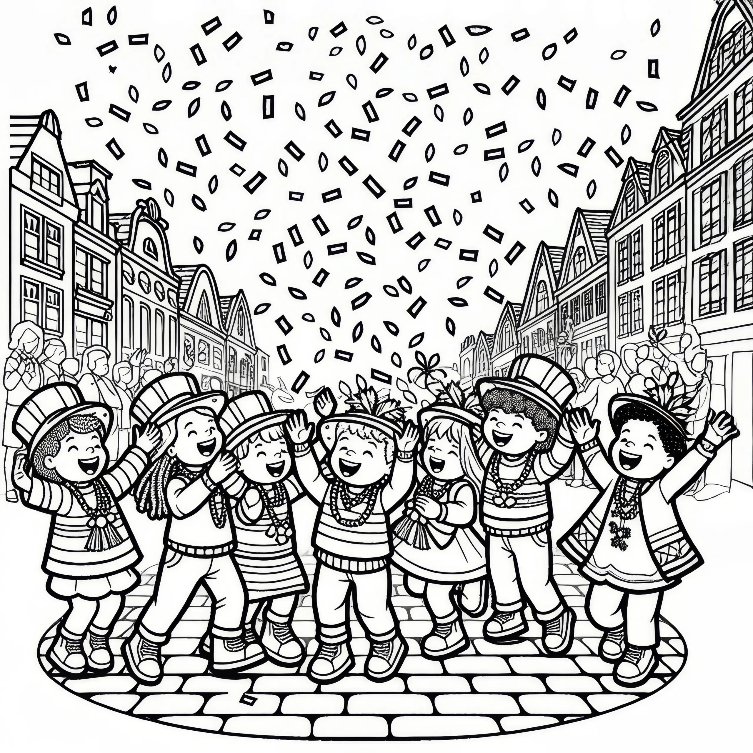 Kinder werfen Konfetti bei Karnevalsumzug im Februar (Kostenlos) (Ausmalbild)