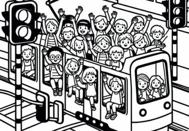 Kinder winken aus der Straßenbahn – Ausmalbild kostenlos