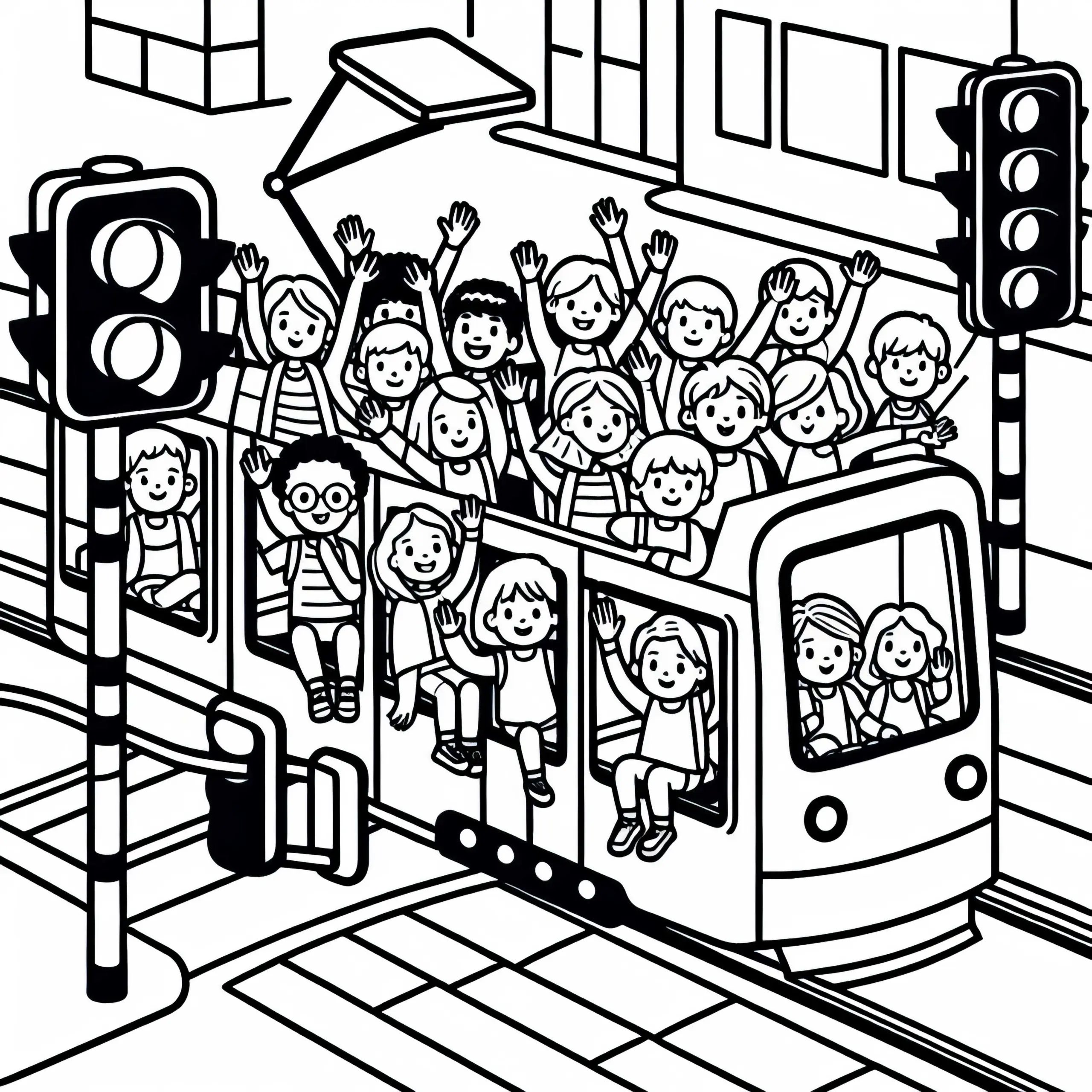 Kinder winken aus der Straßenbahn – Ausmalbild kostenlos