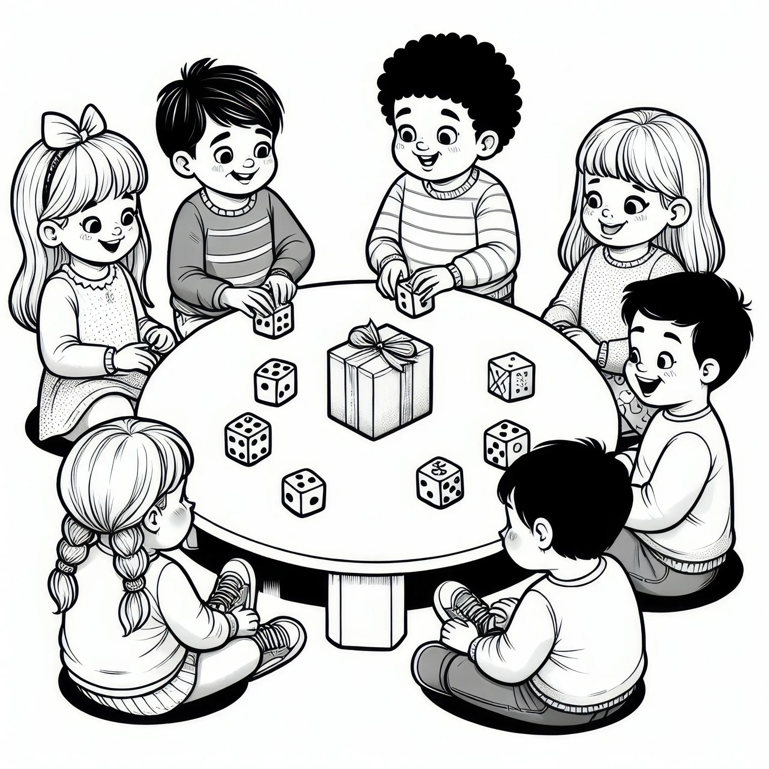 Kinder würfeln um ein Geschenk: Ausmalbild zum Geburtstag (Kostenlos)