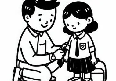Kindergärtner hilft Kind beim Anziehen – Ausmalbild einfach und gratis