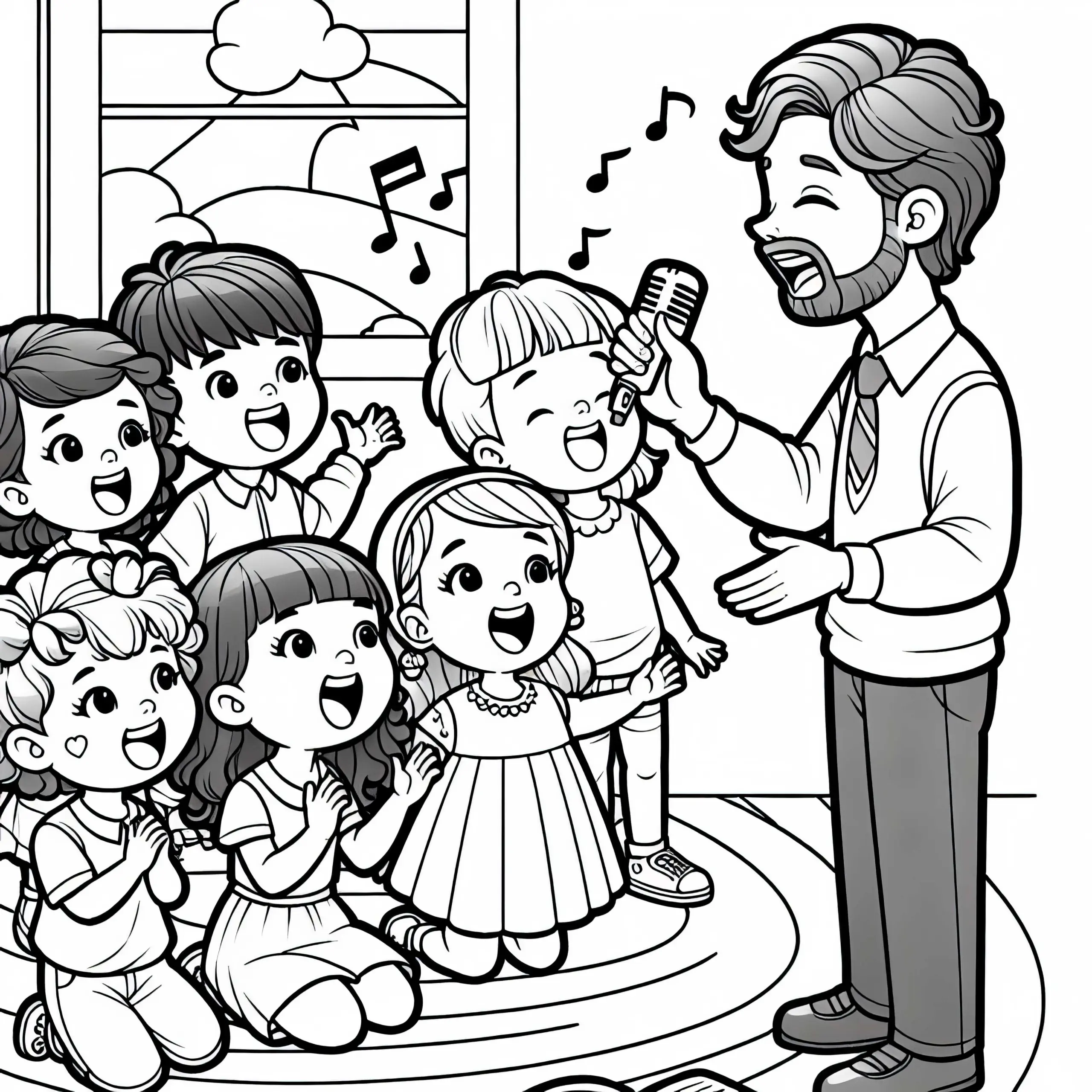 Kindergärtner singt Lied mit Kindern – Ausmalbild gratis