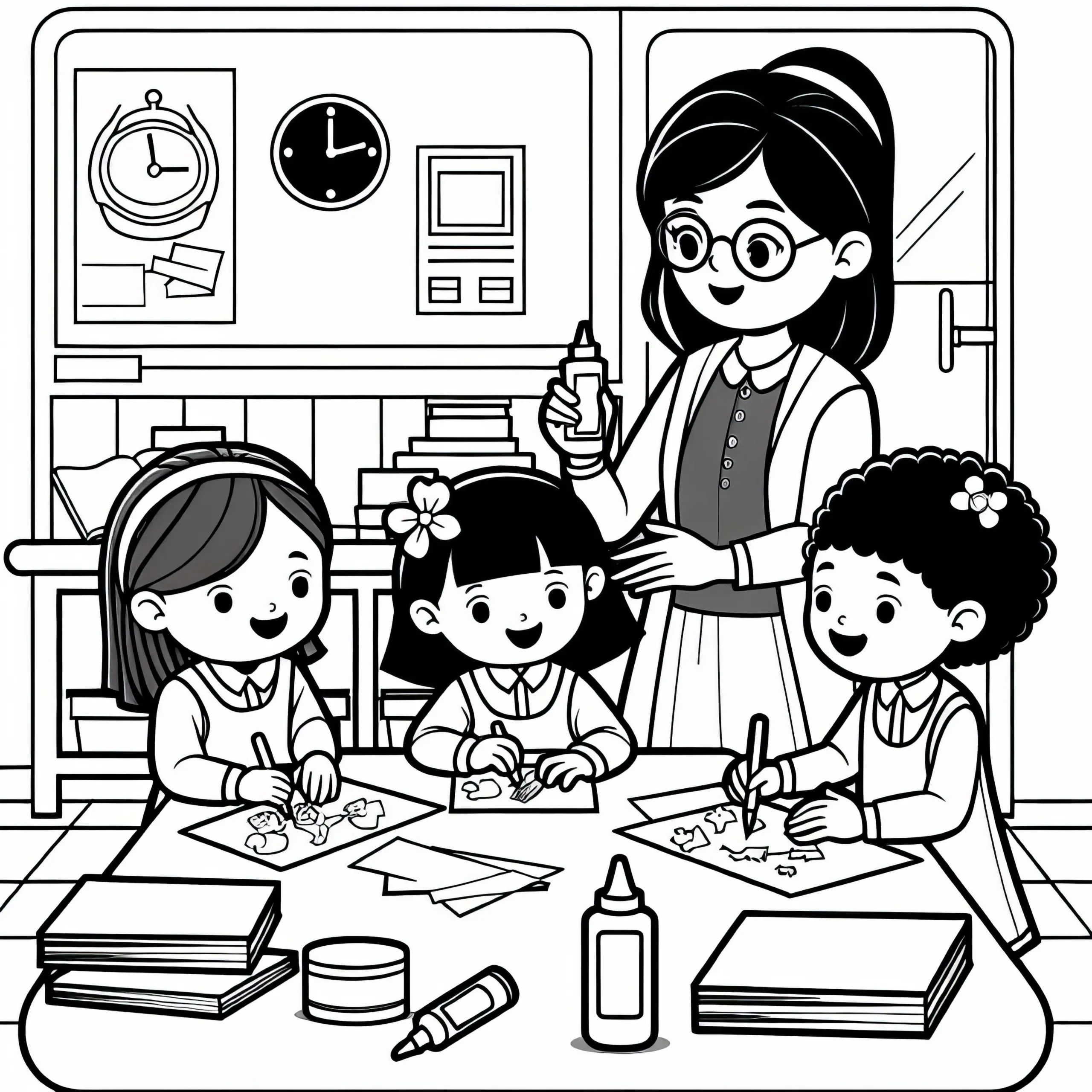 Kindergärtnerin bastelt mit Kindern – Malvorlage kostenlos (Ausmalbild)