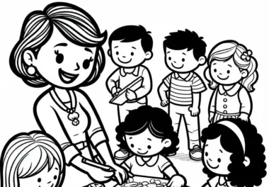 Kindergärtnerin beaufsichtigt Kinder beim Malen – Ausmalbild gratis
