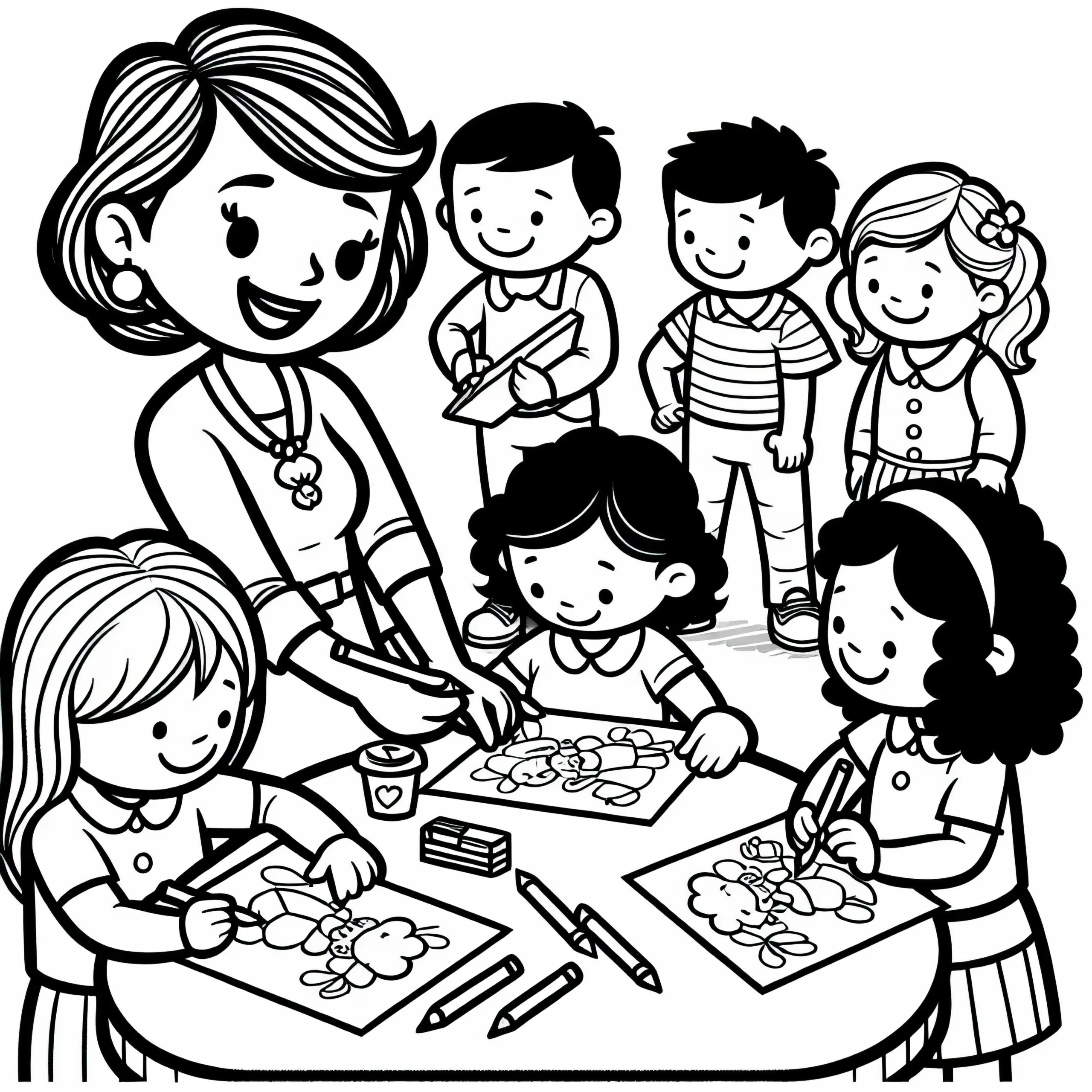 Kindergärtnerin beaufsichtigt Kinder beim Malen – Ausmalbild gratis