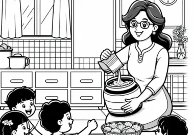 Eine Kindergärtnerin bereitet einen Snack für die Kinder vor – Malvorlage kostenlos