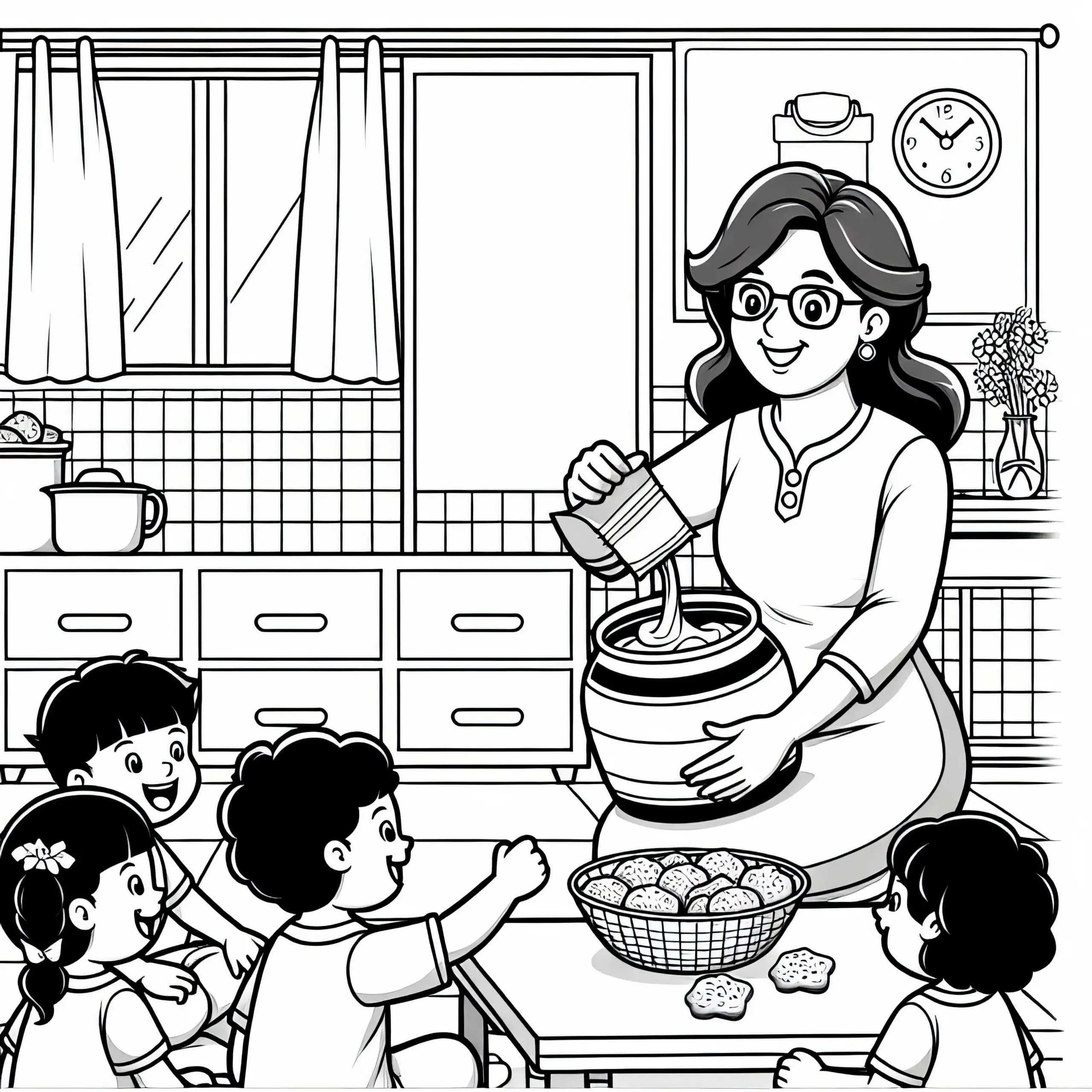 Eine Kindergärtnerin bereitet einen Snack für die Kinder vor – Malvorlage kostenlos (Ausmalbild)