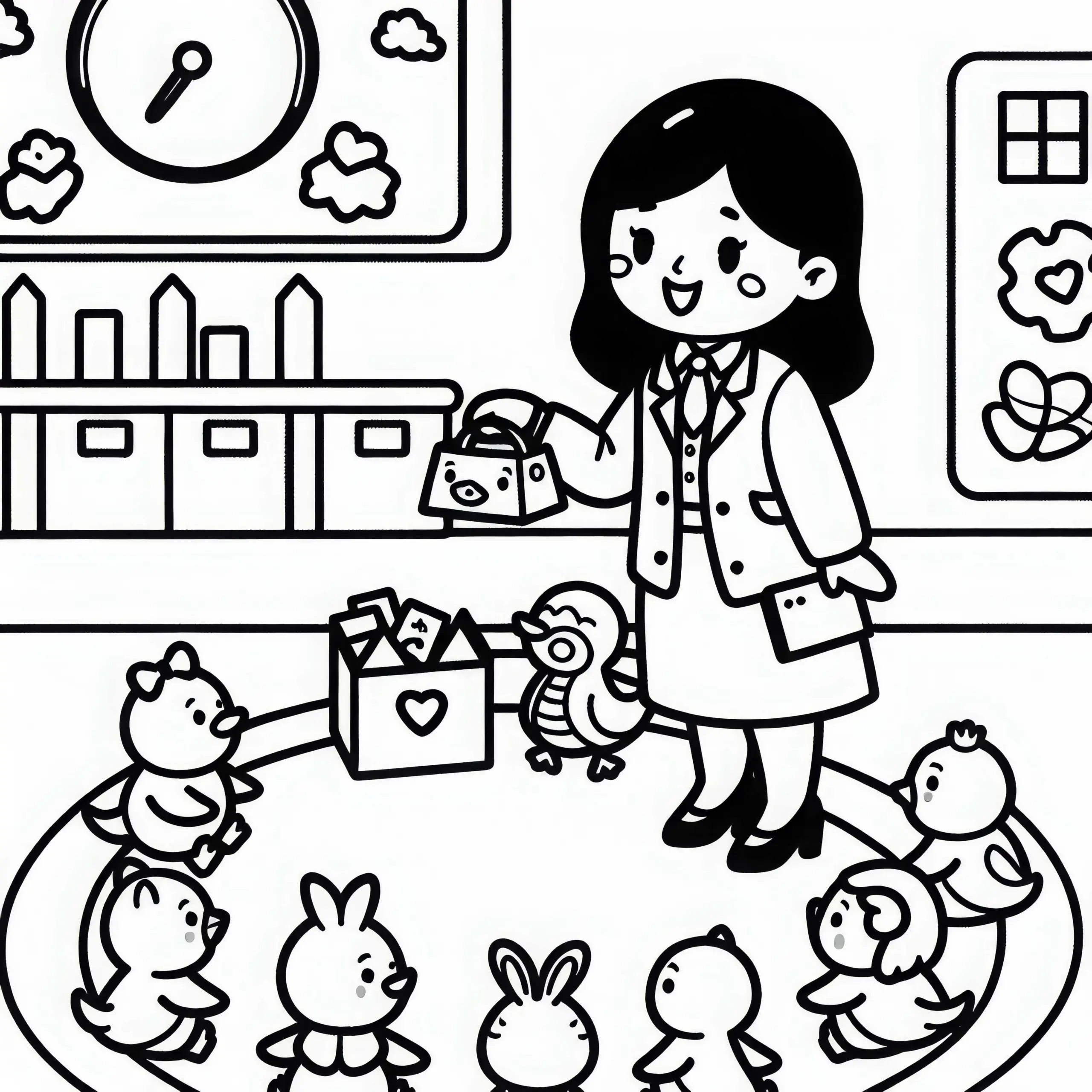 Kindergärtnerin organisiert einen Kreis zum Spielen – Malvorlage gratis herunterladen (Ausmalbild)