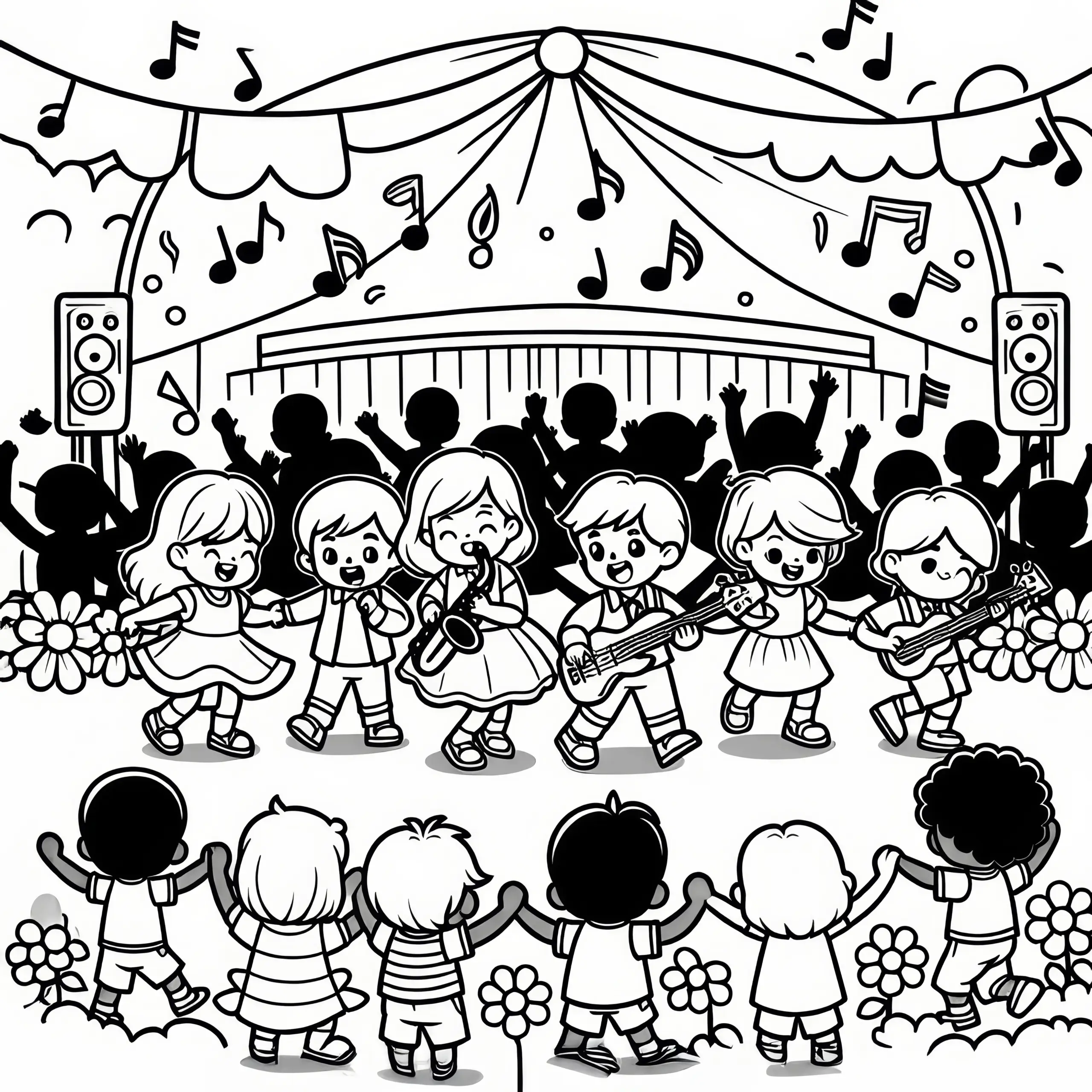 Kindergruppe tanzt zur Musik beim Kinderfest am Kindertag (Kostenlos) (Ausmalbild)