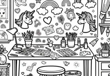 Kostenloses Ausmalbild für ein Kinderzimmer mit Basteltisch, Stickern und Malvorlage für Mädchen ab sechs Jahren
