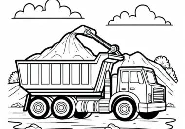 Kipplaster lädt Sand auf Baustelle – Malvorlage gratis