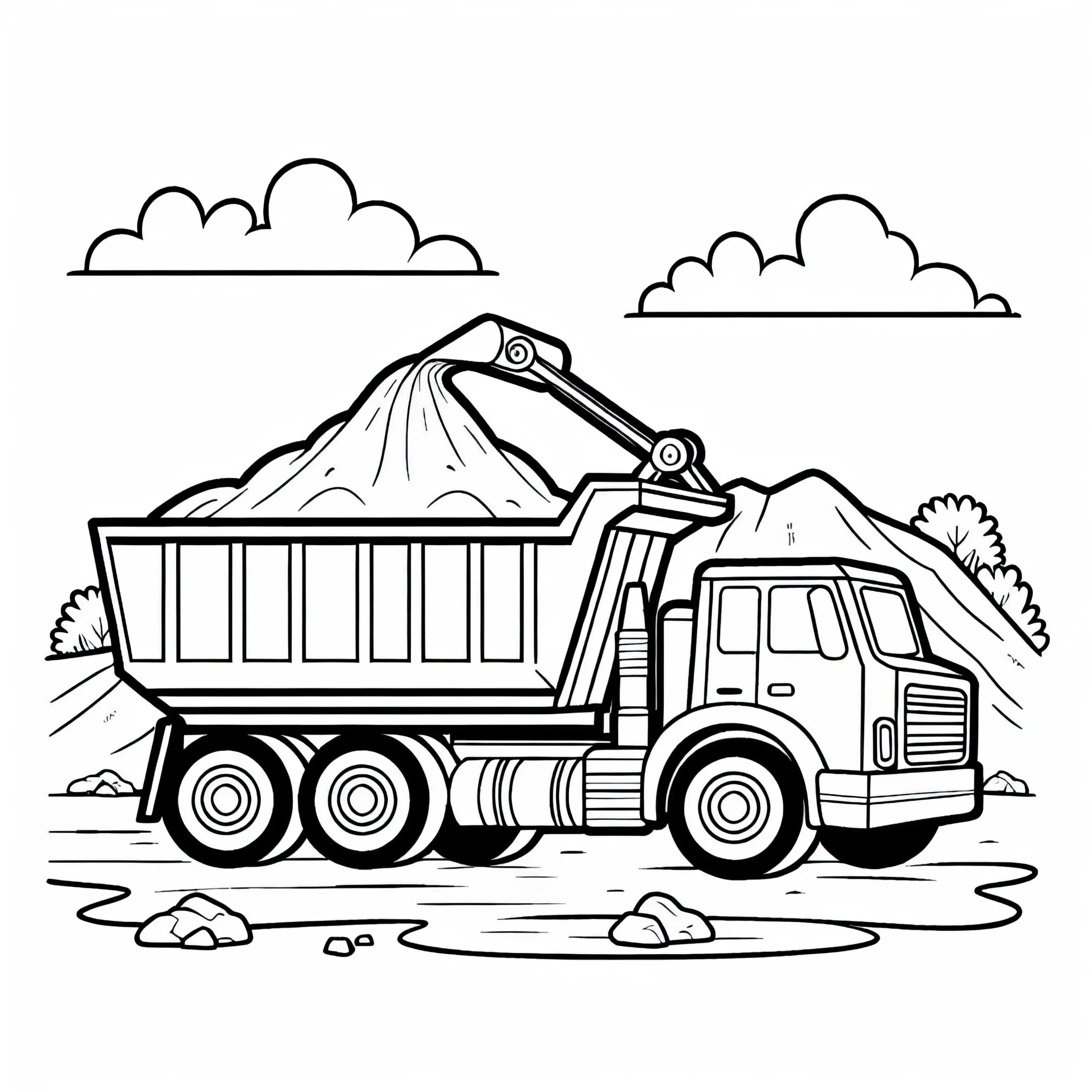 Kipplaster lädt Sand auf Baustelle – Malvorlage gratis (Ausmalbild)