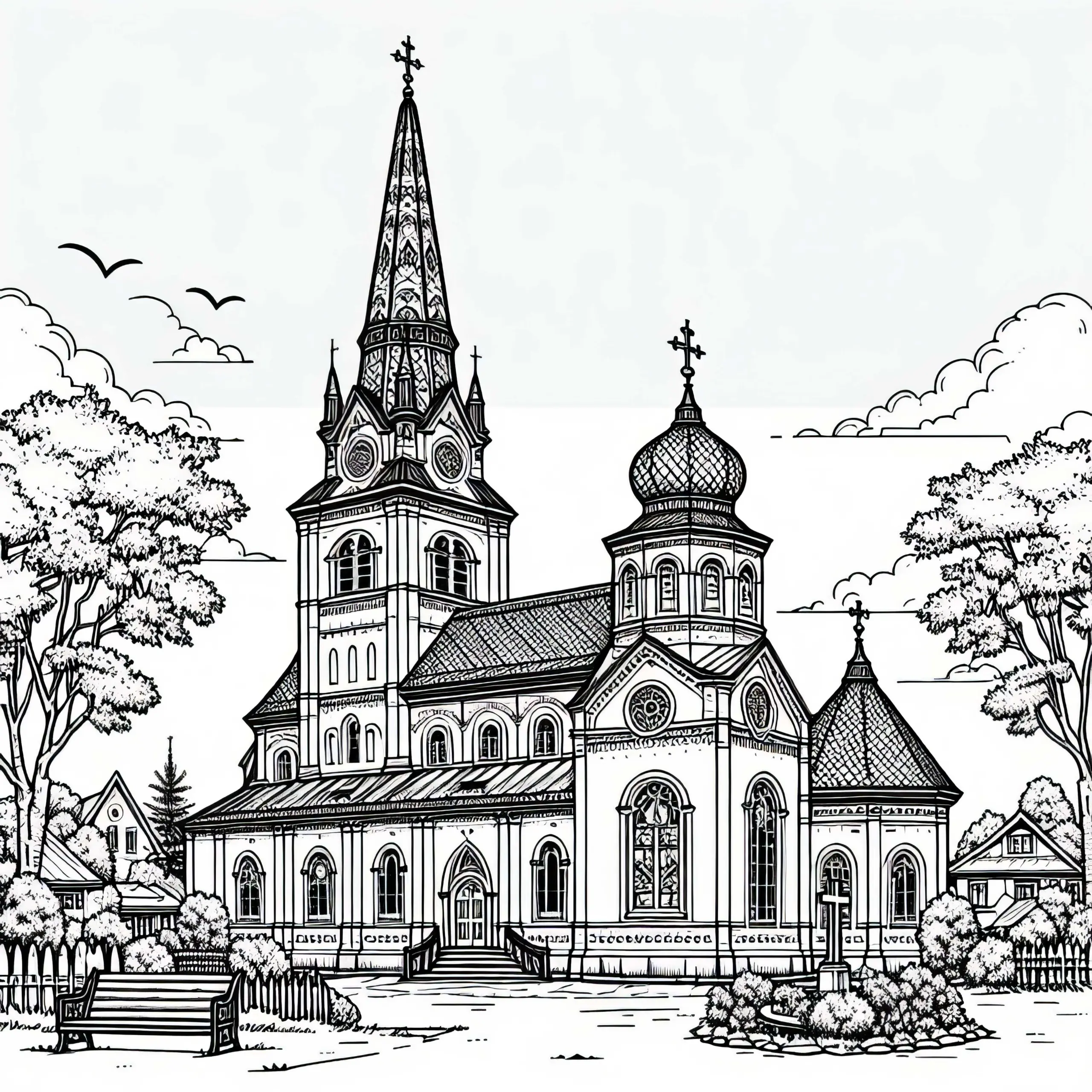 Malvorlage für eine Kirche – Kostenloser Download (Ausmalbild)