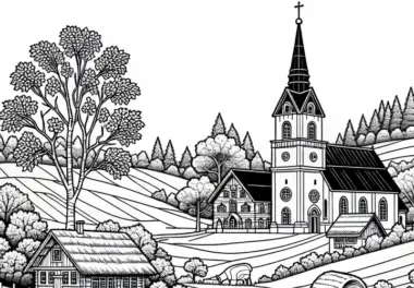 Kirche mit Glockenturm im Zentrum des Dorfes – Ausmalbild gratis