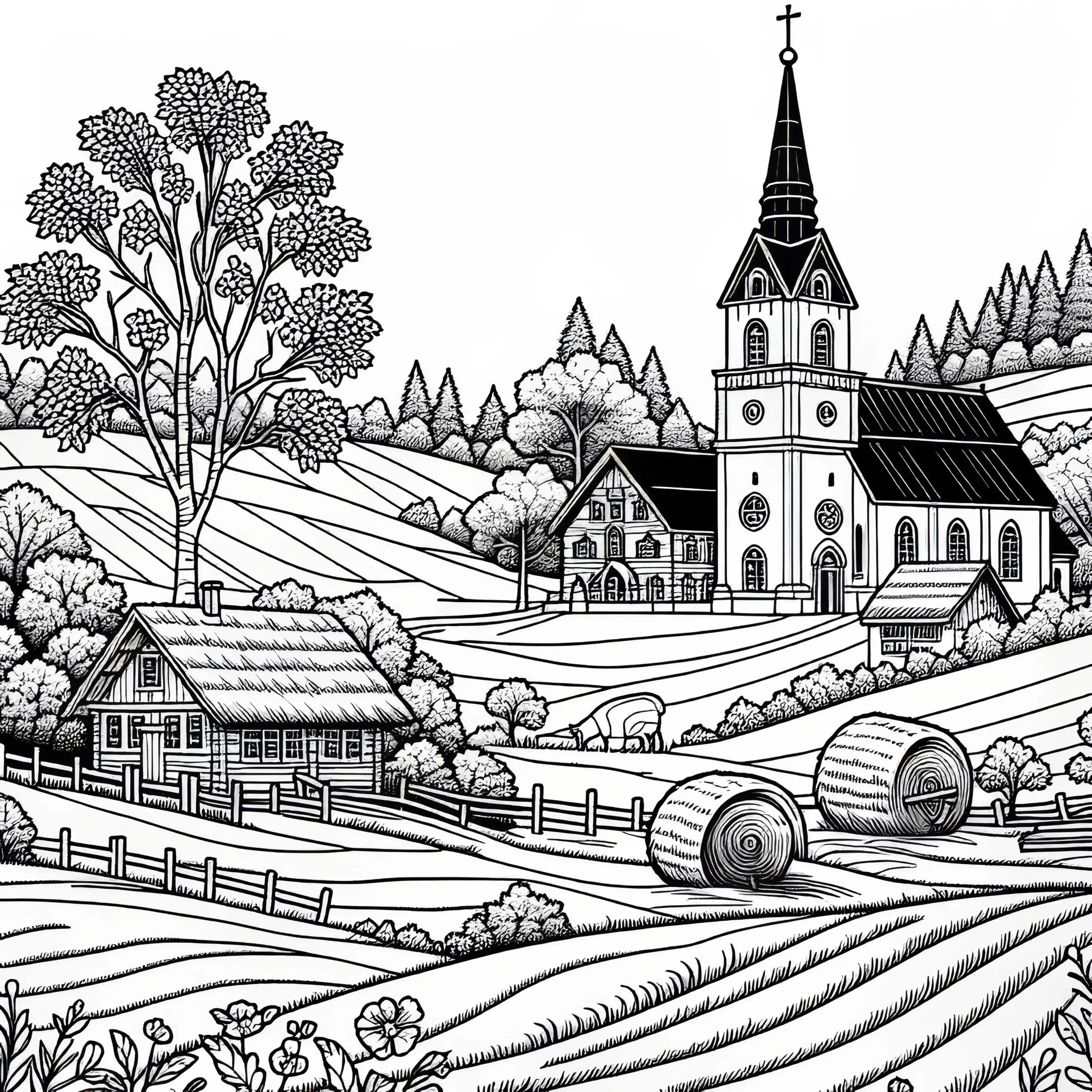Kirche mit Glockenturm im Zentrum des Dorfes – Ausmalbild gratis