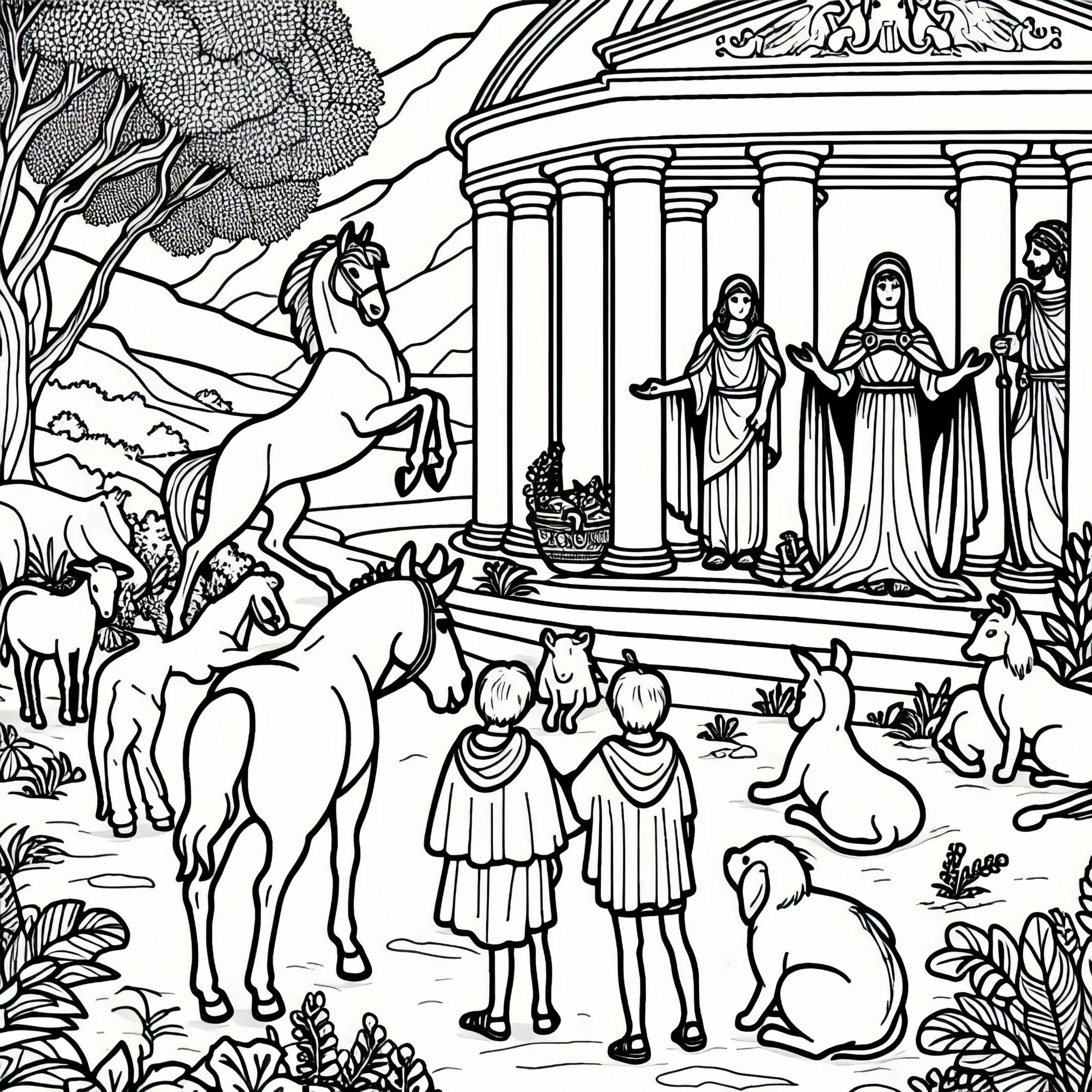 Kirke und die Tiere aus der Odyssee – Ausmalbild kostenlos herunterladen