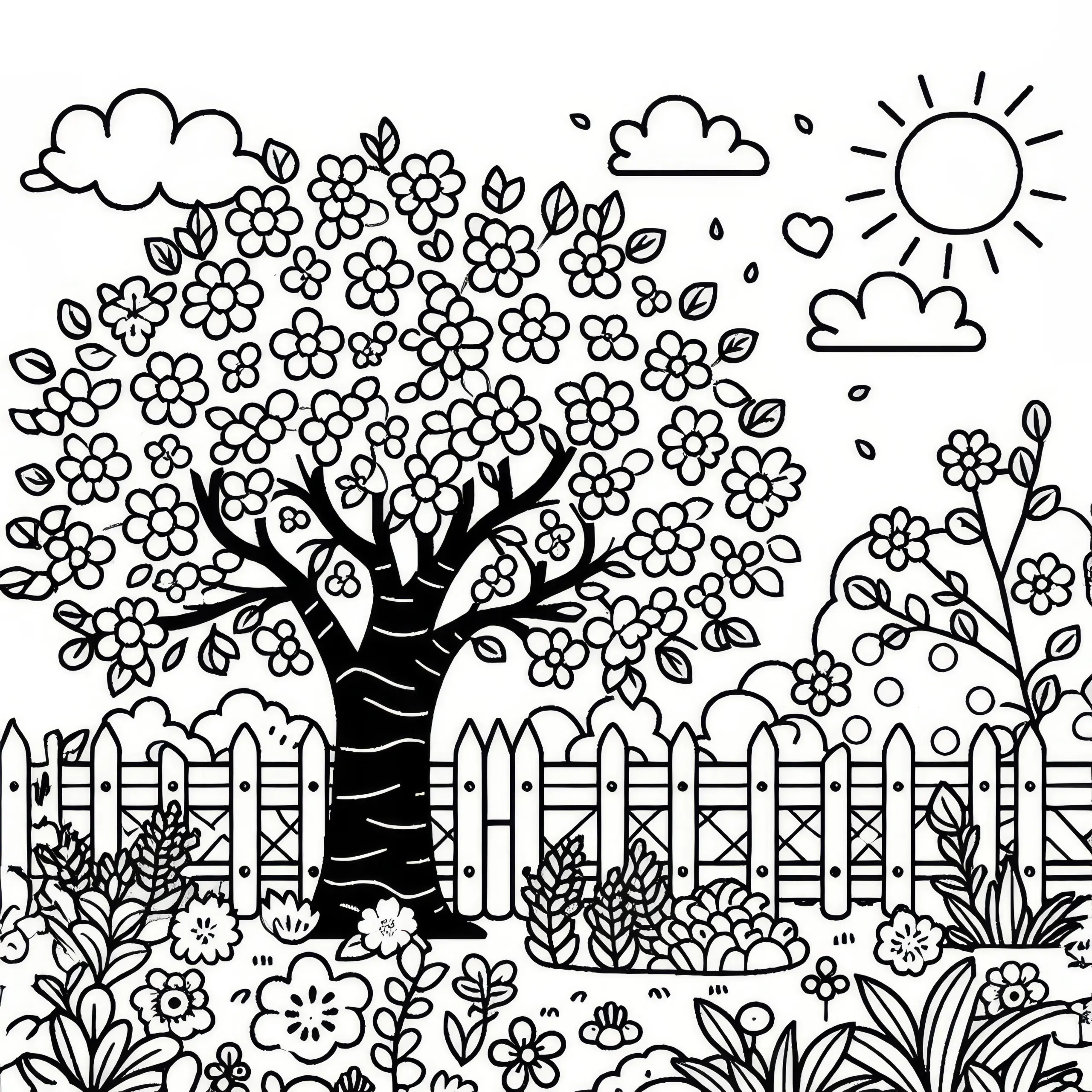 Kirschbaum im Garten im Frühling: gratis Malvorlage (Ausmalbild)