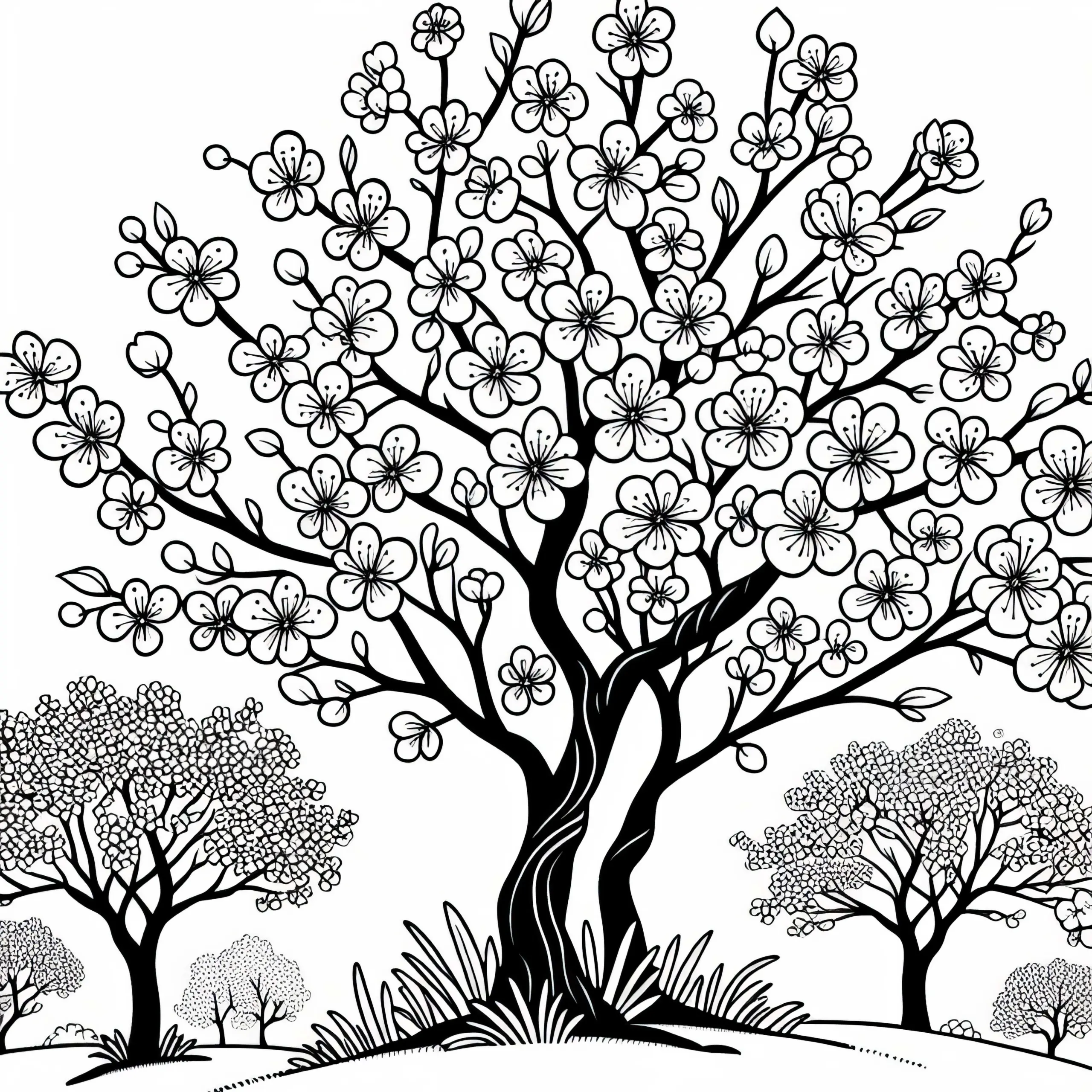 Kirschbaum in voller Blüte auf Obstwiese – Ausmalbild kostenlos