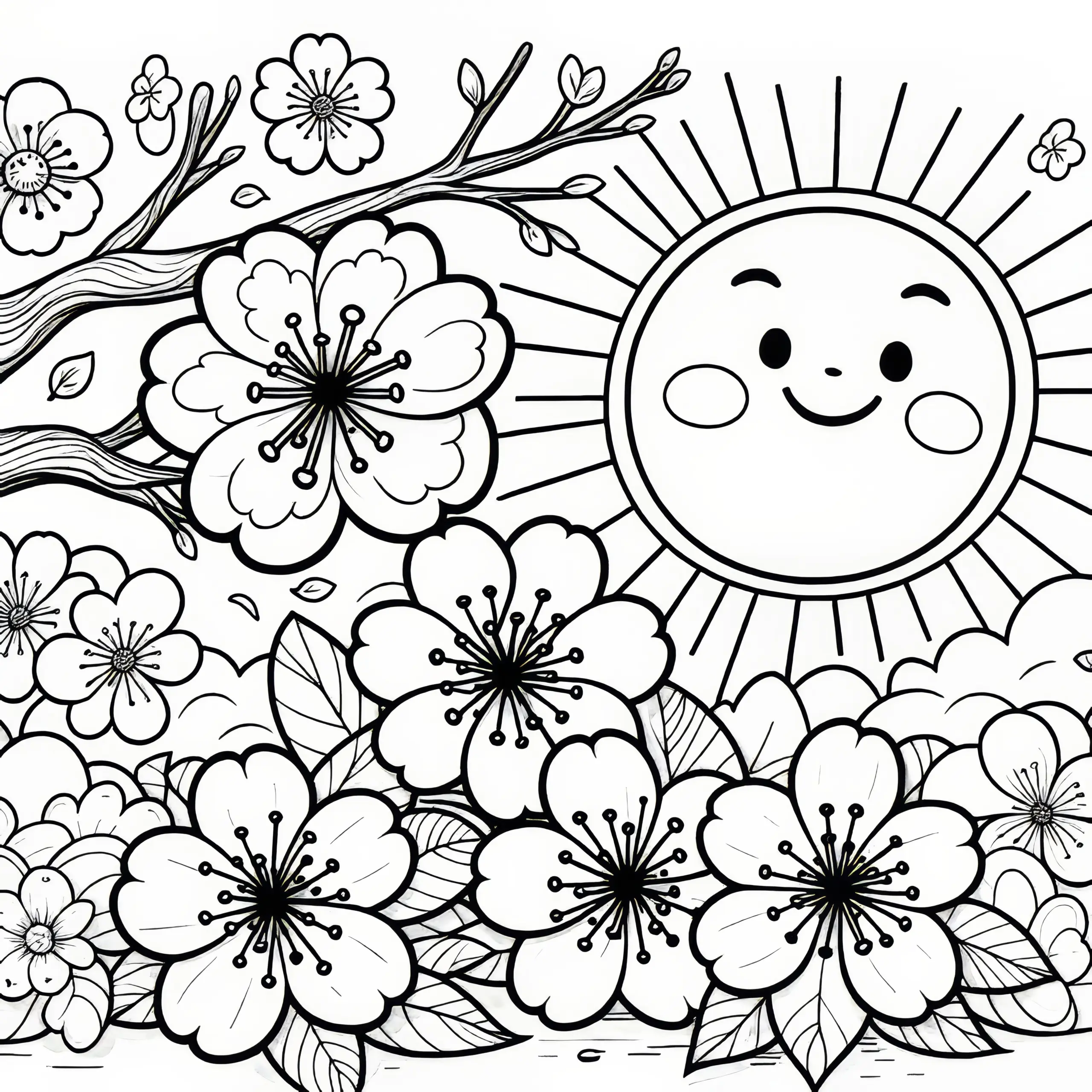 Kirschblüten und Sonne: Ausmalbild für Kinder (Gratis)