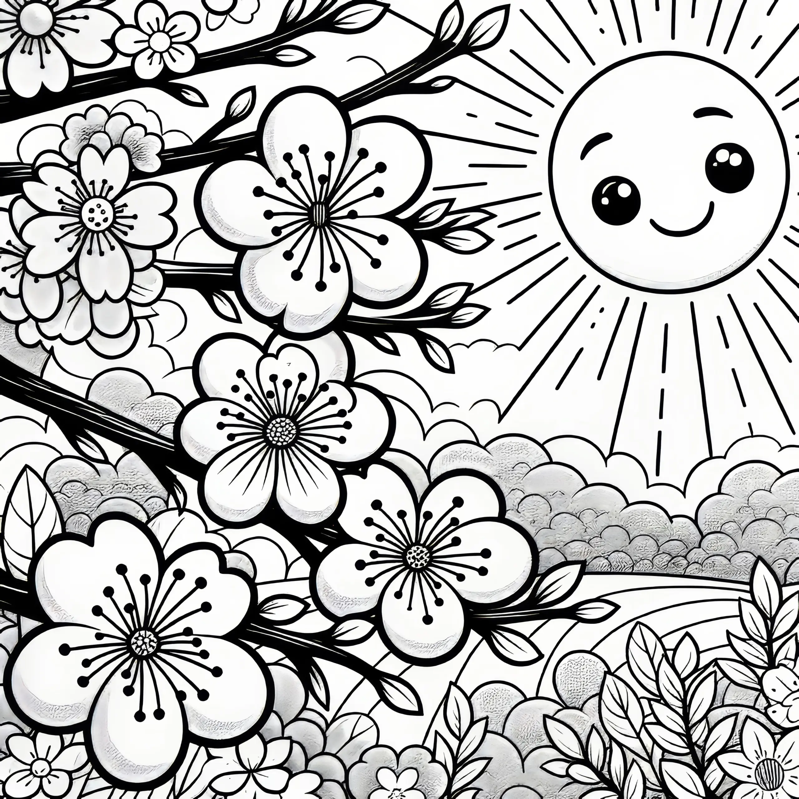 Kirschblüten in der Sonne: Kostenlose Malvorlage (Ausmalbild)