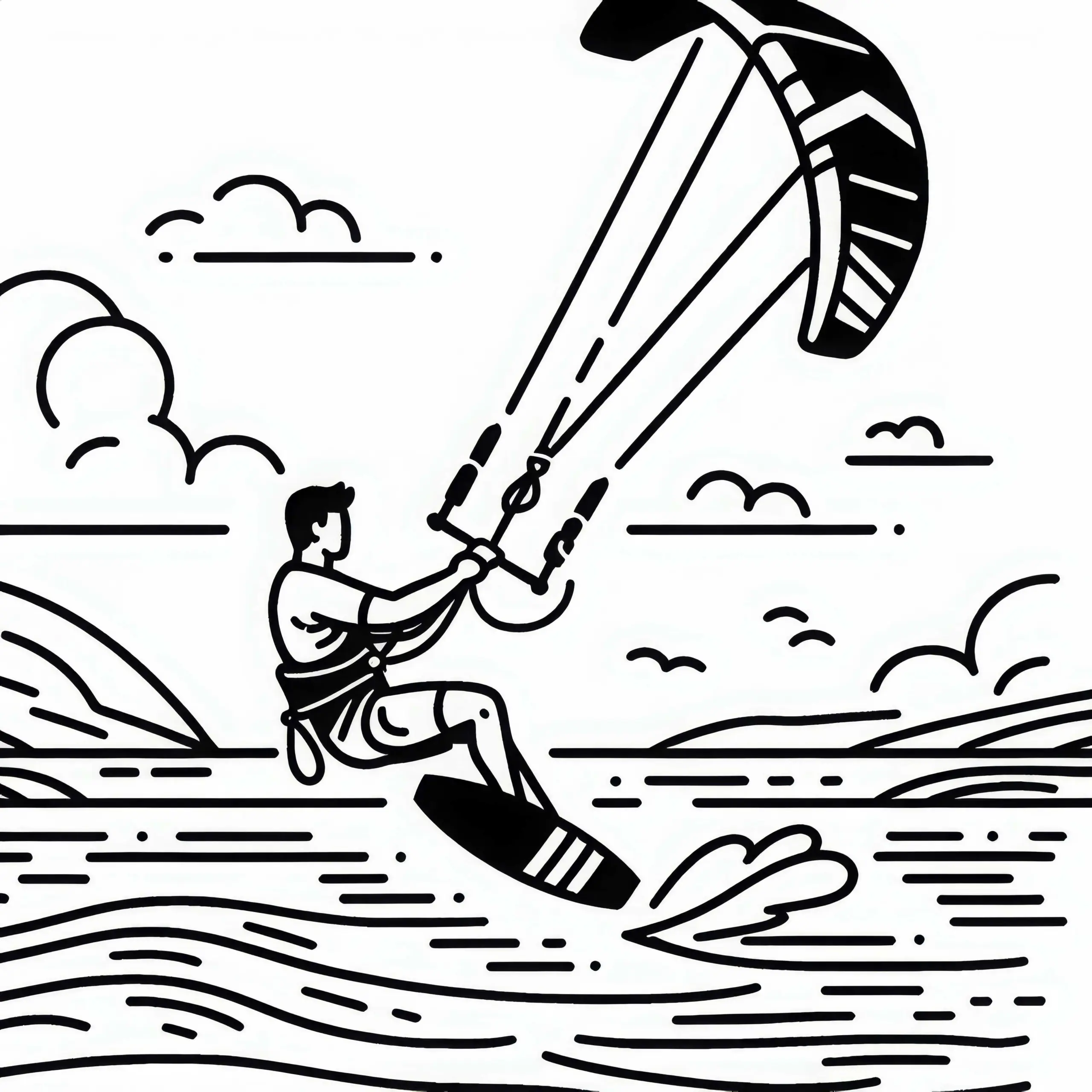 Kiteboarder fährt mit hoher Geschwindigkeit über das Wasser – Malvorlage kostenlos (Ausmalbild)