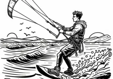 Kiteboarder hält Kite in der Luft – Ausmalbild kostenlos