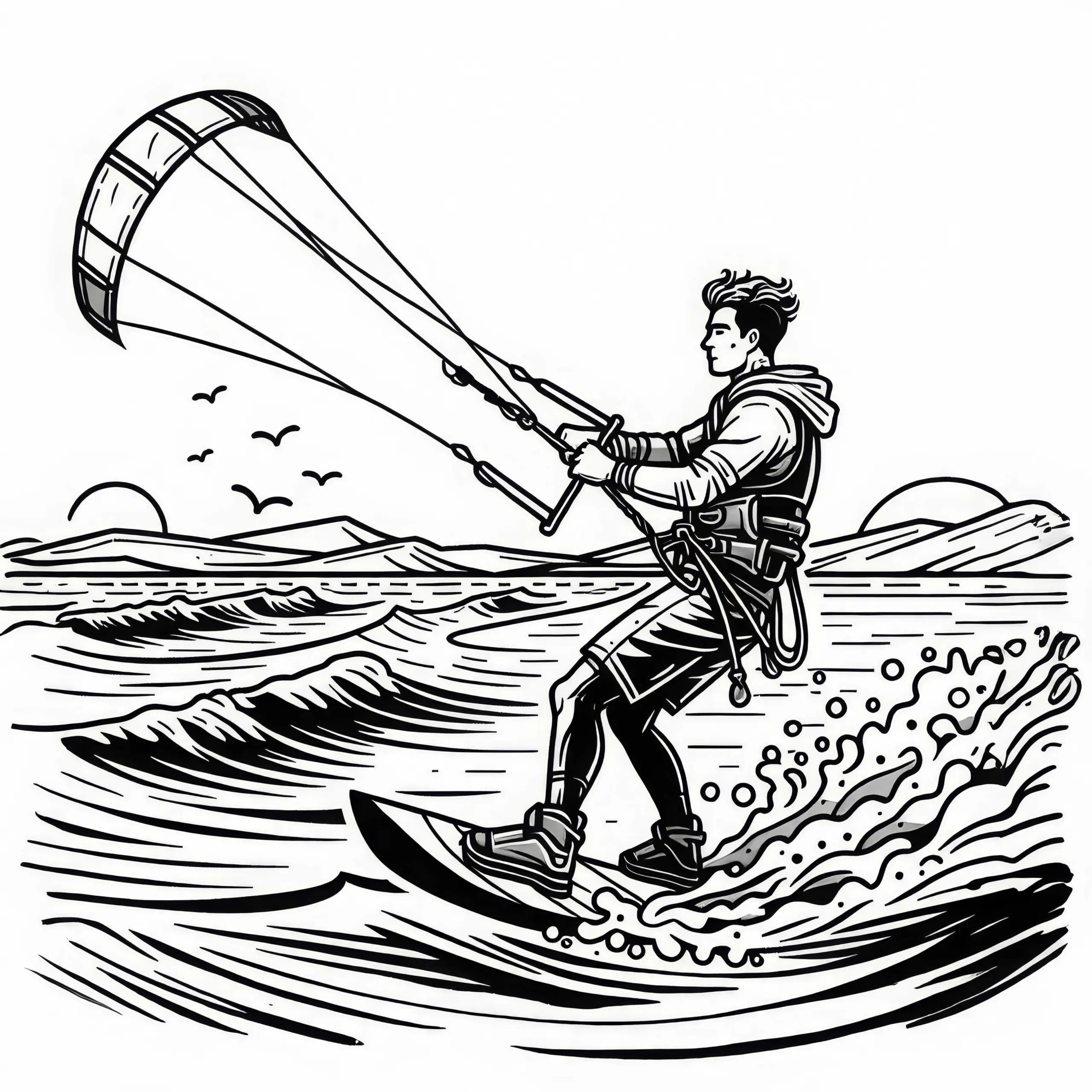 Kiteboarder hält Kite in der Luft – Ausmalbild kostenlos