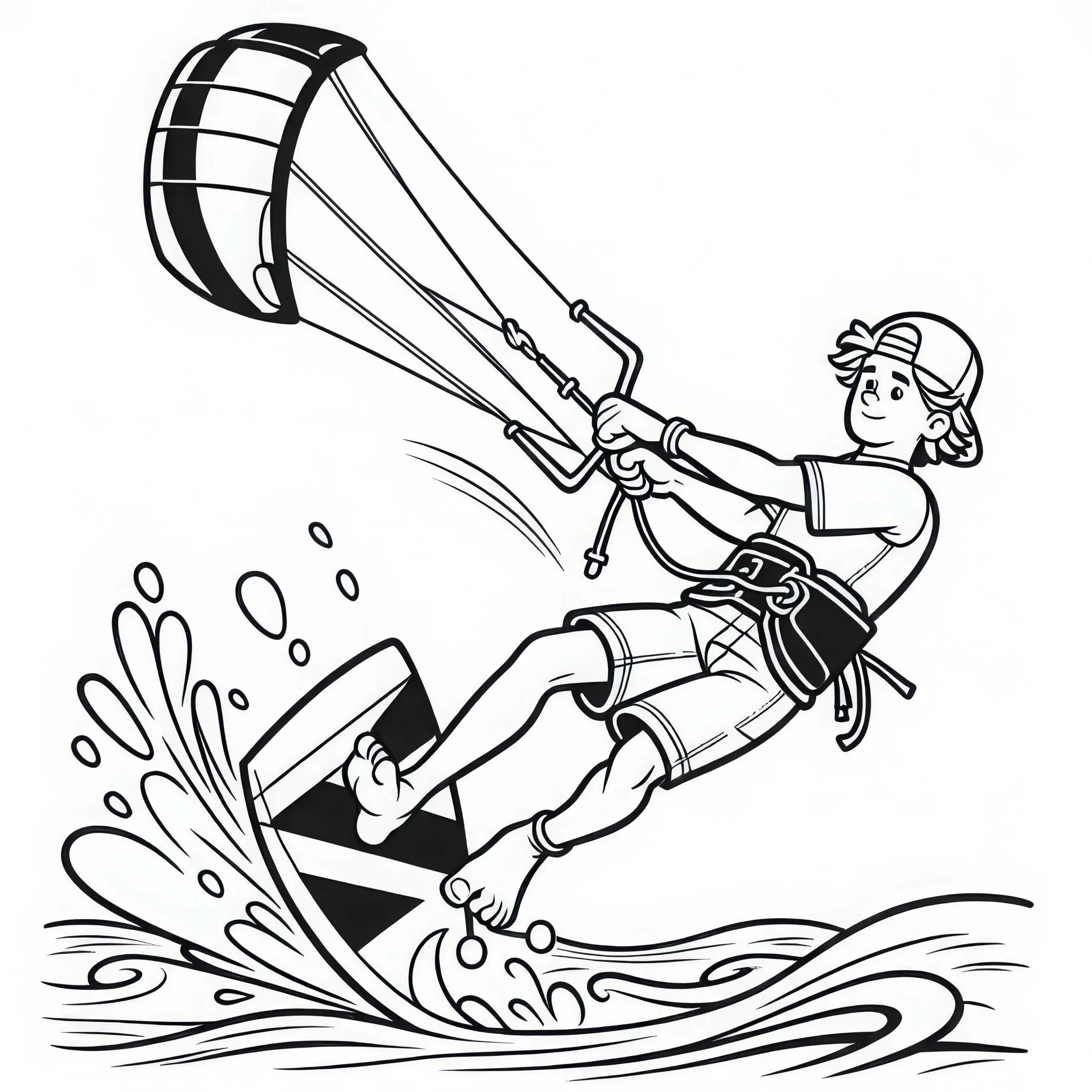 Kiteboarder macht Drehung in der Luft – Malvorlage kostenlos (Ausmalbild)