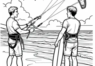 Kiteboarding Trainer erklärt Anfängern, wie man Kites kontrolliert – Ausmalbild kostenlos