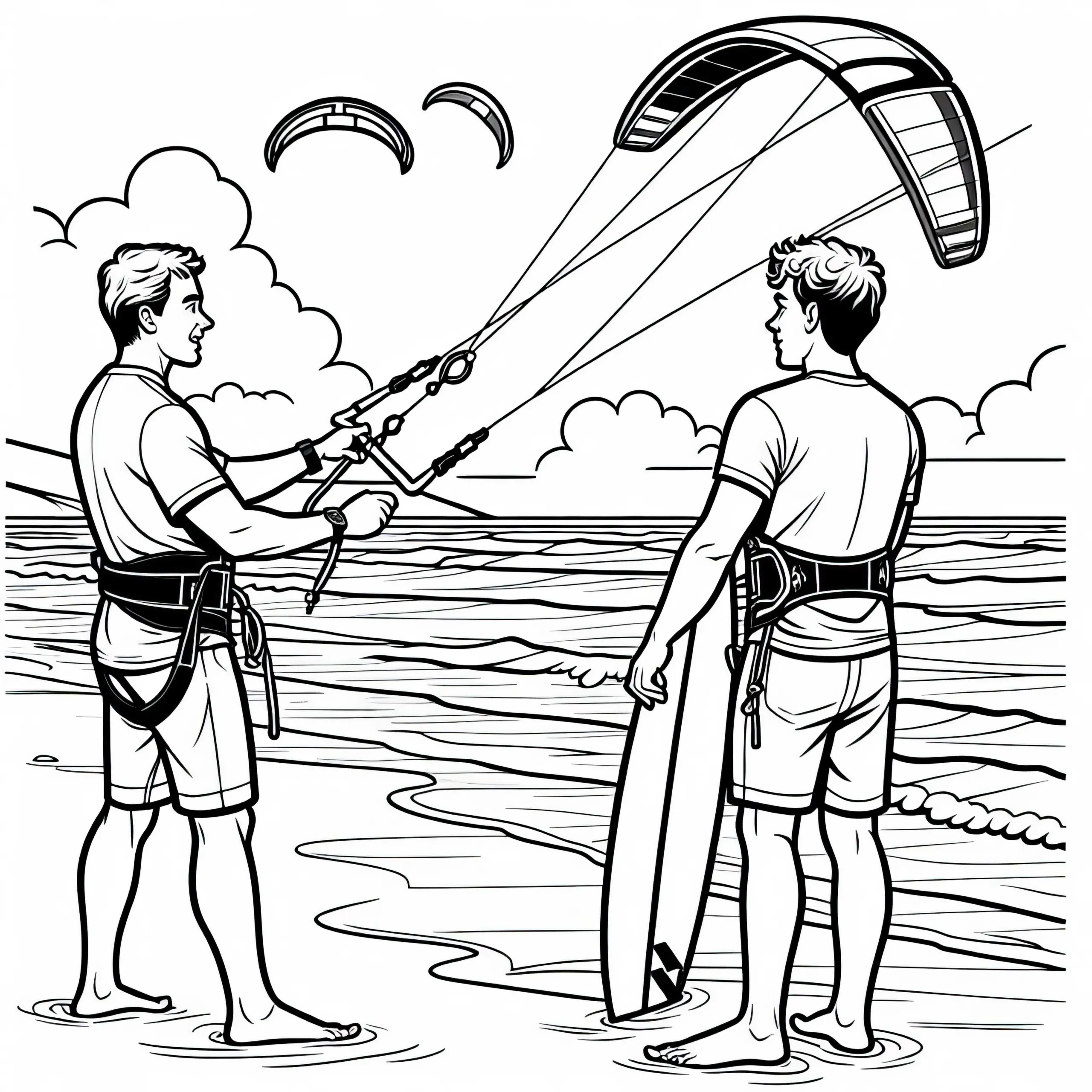 Kiteboarding Trainer erklärt Anfängern, wie man Kites kontrolliert – Ausmalbild kostenlos