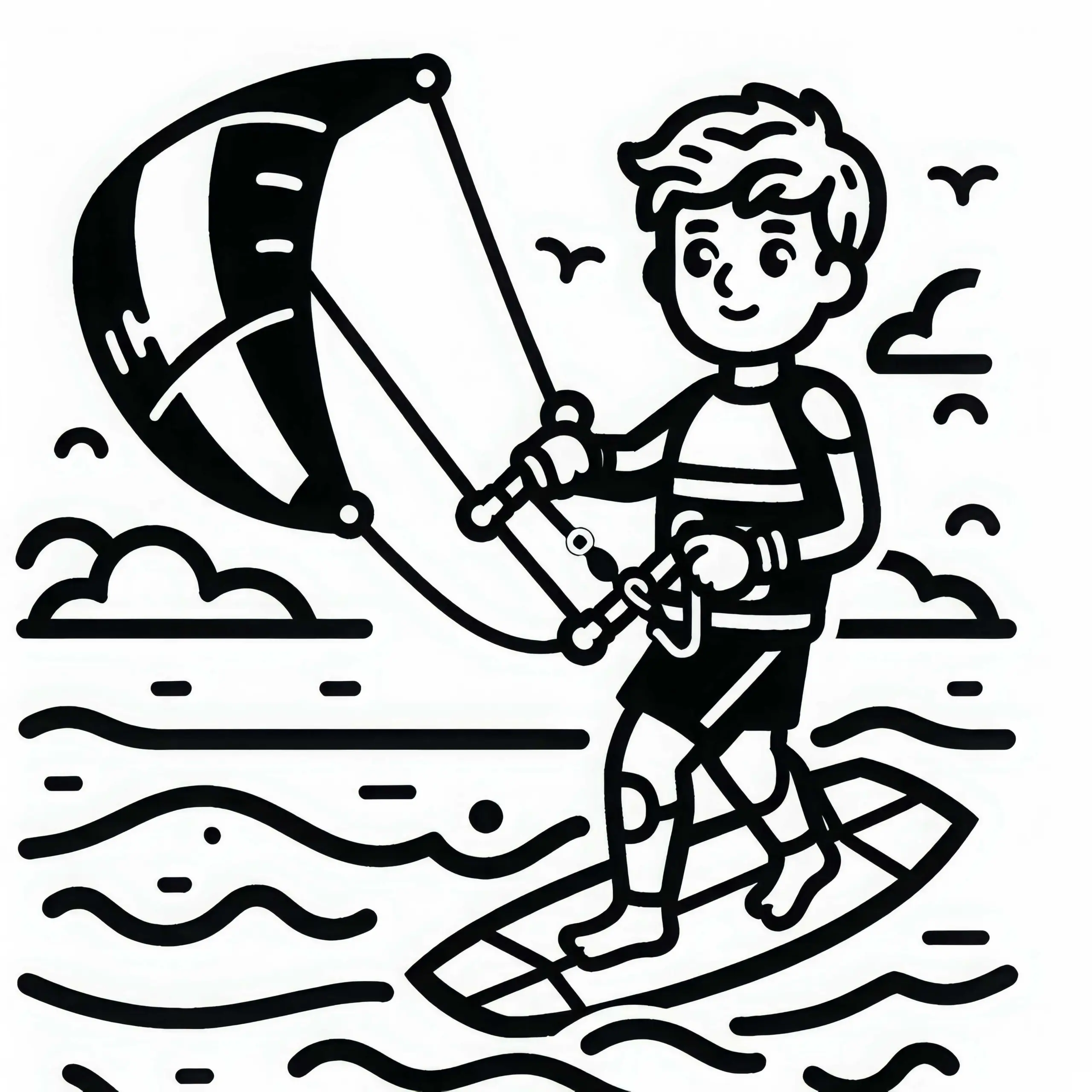 Kitesurfer lenkt Kite – Ausmalbild einfach kostenlos