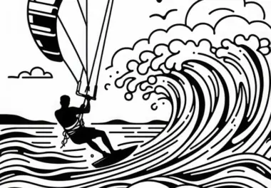 Kitesurfer reitet große Welle – Ausmalbild kostenlos